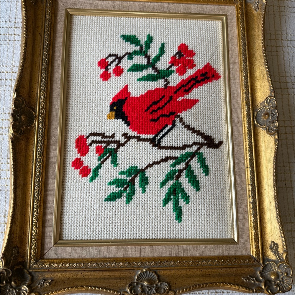 Vintage Red Cardinal needlepoint in vintage gold frame